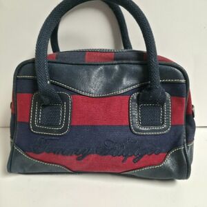 VTG Tommy Hilfiger Small Aruba Satchel Zip Red Navy Blue Handbag Canvas Striped